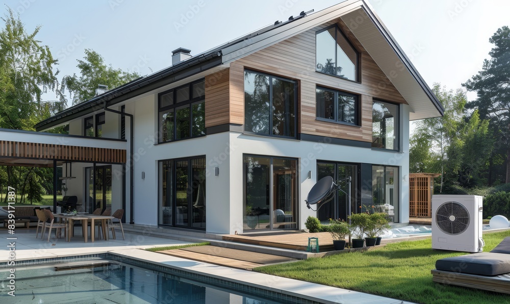 Fototapeta premium Heat pump next to the house and solar panels on the roof. The concept of an energy-efficient home