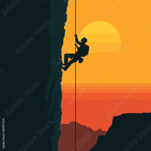 Silhouetted climber ascending rocky cliff against sunset background. Adventurous spirit conquering mountain peak during golden hour. Extreme sports enthusiast engaging rock climbing dusk