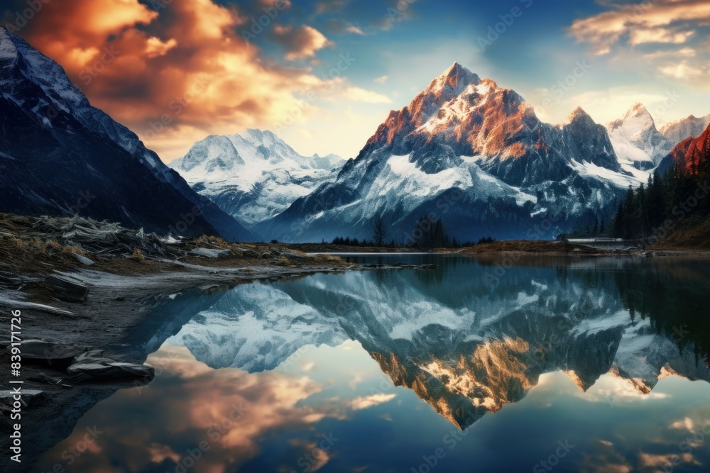 Tranquil alpine lake with snow-capped mountains reflecting a majestic and vibrant mountain sunset in a serene and pristine natural environment during the golden hour of twilight Tranquil alpine lake with snow-capped mountains reflecting a majestic and vibrant mountain sunset in a serene and pristine natural environment during the golden hour of twilight