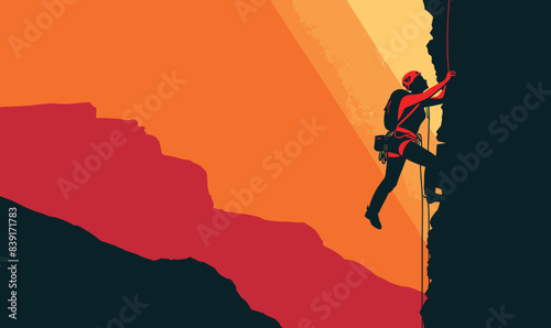 Climber ascending steep rock face during sunset, using rope, harness, safety gear. Male mountaineer engages extreme climbing activity, silhouetted against orange sky. Outdoor adventure sport