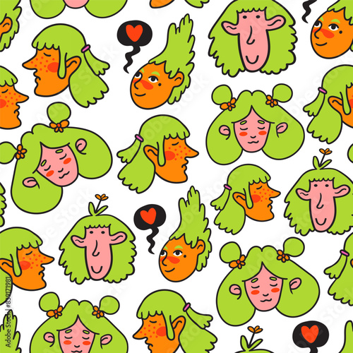 repeat pattern female girl woman character portrait in doodle style in vector. template for design postcard poster print wallpaper backdrop background wrapping textile