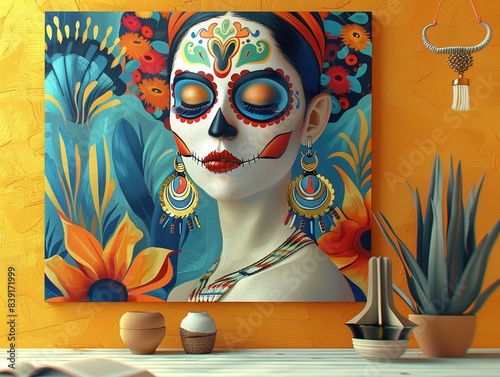 woman paint face for day of dead festivial on a vibrant paint background on the picture which hanging on the yellow wall in casual space photo