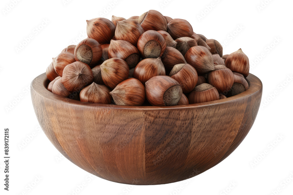 Hazelnuts in a wooden bowl isolated on white background Hazelnuts in a wooden bowl isolated on white background