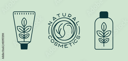 A set of logos and icons of natural cosmetics. Badges for the designation of eco-products in cosmetics and self-care.