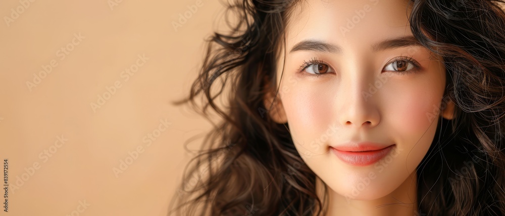 Pretty Asian beauty woman curly long hair with Korean makeup glowing face and healthy facial skin portrait smile on isolated beige background. Cosmetology ,Plastic surgery Pretty Asian beauty woman curly long hair with Korean makeup glowing face and healthy facial skin portrait smile on isolated beige background. Cosmetology ,Plastic surgery