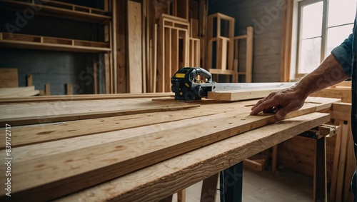 Carpenter checking wooden planks photo