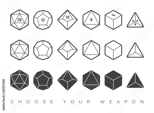 Vector circle line dice set. 20, 12, 10, 8, 6 and 4 sided. Board games. Isolated on white background.