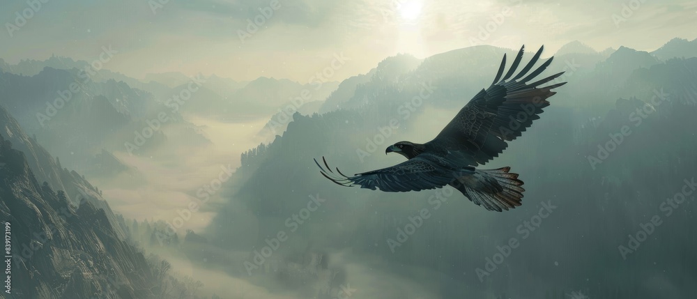 Patriotic American eagle soaring with the American flag in its talons, against a majestic mountain backdrop Patriotic American eagle soaring with the American flag in its talons, against a majestic mountain backdrop