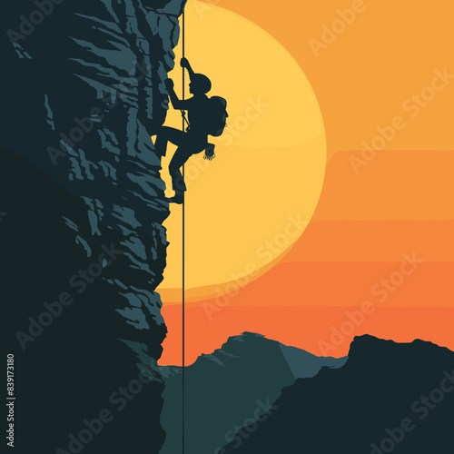 Silhouette climber scaling steep cliff against vibrant sunset backdrop. Adventurous rock climbing expedition high above mountain peaks. Outdoor extreme sport challenge during golden hour sunset