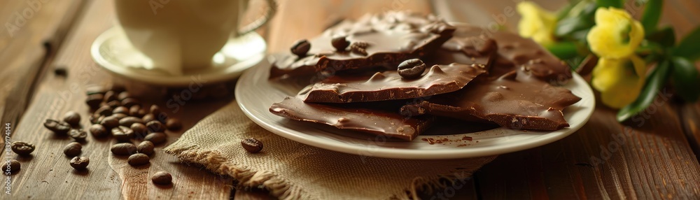 Close-up of a plate with chocolate bark pieces and coffee beans on a rustic wooden table, accompanied by a coffee cup and yellow flowers. Close-up of a plate with chocolate bark pieces and coffee beans on a rustic wooden table, accompanied by a coffee cup and yellow flowers.