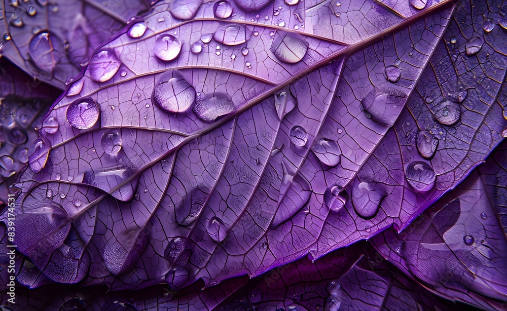 Fototapeta premium The structure of a purple leaf, the background of the leaf with veins and cells. Droplets on a leaf. Macro.