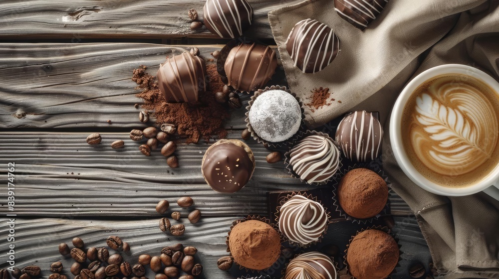 Assorted chocolate truffles with a cup of coffee on a wooden table, creating a cozy atmosphere for indulgent treats and relaxation.