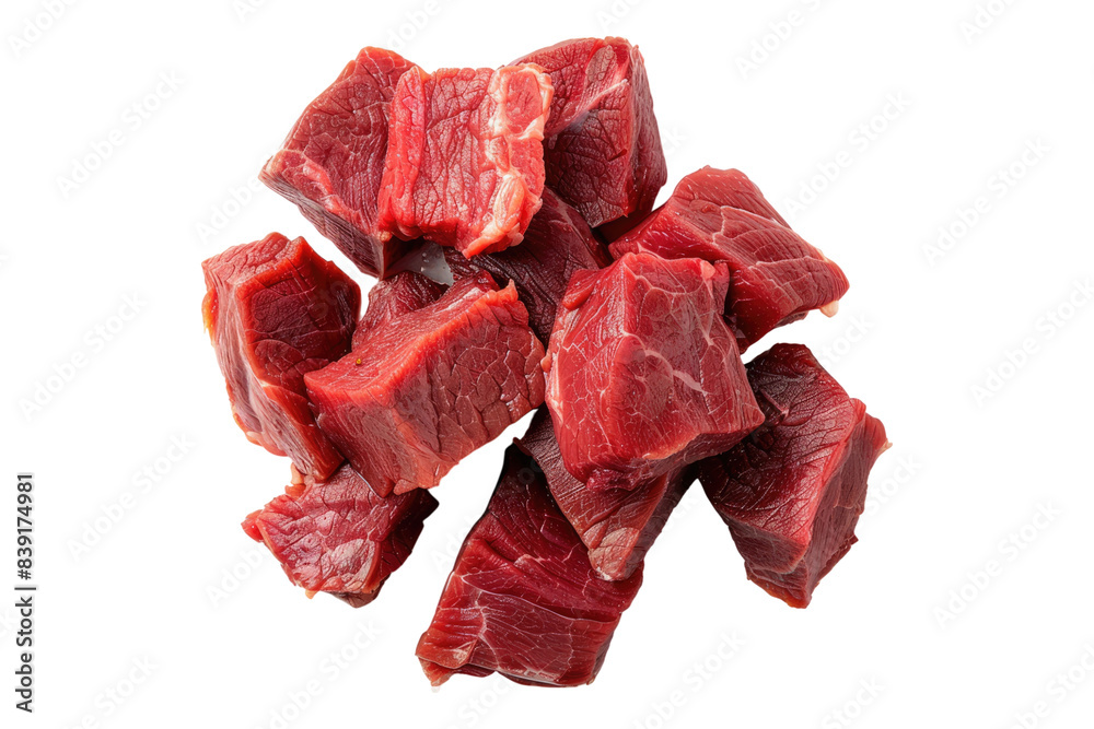 Pieces of raw beef isolated on white background