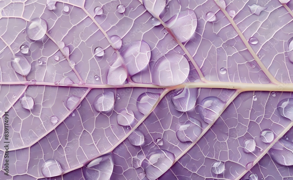 Obraz premium The structure of a purple leaf, the background of the leaf with veins and cells. Droplets on a leaf. Macro.