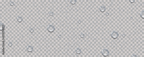 Rain transparent drops flow down the glass.Realistic wet condensation texture.Fresh water splash effect on the surface.Liquid spreading droplet shapes.