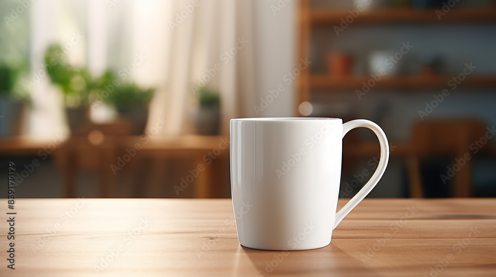 White Mug MockUps Coffee Cup on dinning table in kitchen in morning