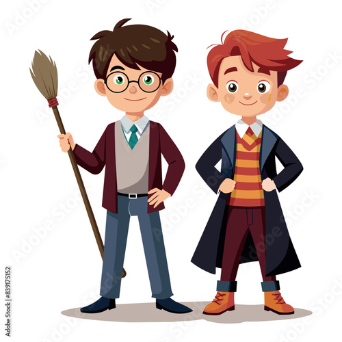 Two young boys dressed in wizard robes stand next to each other. One of them is holding a broomstick