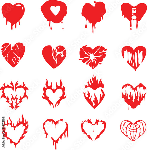 Pixel perfect red icon set of heart with gothic goth rock punk retro style. Stylish heart tattoo sticker. Flat icons vector illustrations