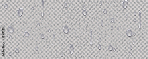 Rain transparent drops flow down the glass.Realistic wet condensation texture.Fresh water splash effect on the surface.Liquid spreading droplet shapes.
