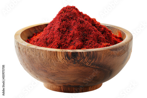Red chili powder in a wooden bowl isolated on white background
