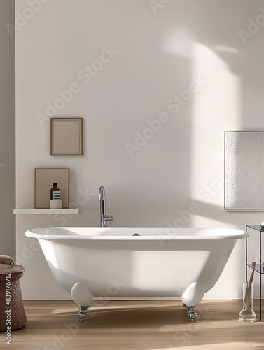 Design an elegant bathtub with sleek  rounded edges and slender metal legs that stand out against the white wall of your bathroom for visual contrast. The tub should have a smooth surface