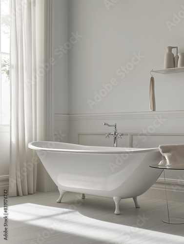 Design an elegant bathtub with sleek  rounded edges and slender metal legs that stand out against the white wall of your bathroom for visual contrast. The tub should have a smooth surface