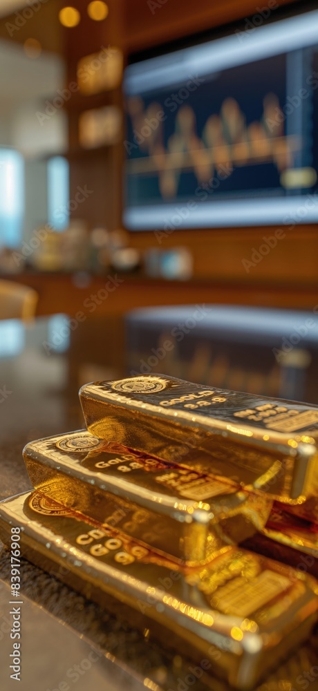 Investing in gold concept. Gold bars on a desk with charts showing gold trading trends on displays in the background Investing in gold concept. Gold bars on a desk with charts showing gold trading trends on displays in the background