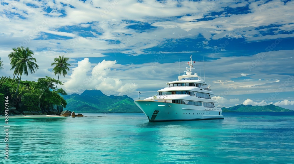 Naklejka premium Luxury Cruise Boat Anchored by Tropical Seychelles Island with Pristine Waters