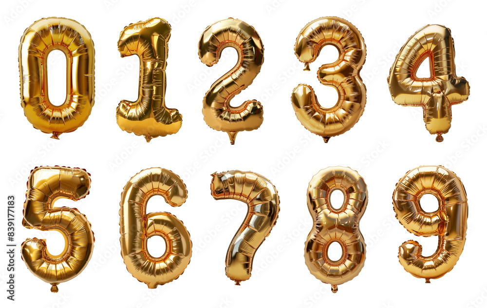 Set of golden numbers balloons isolated on transparent background. Generative AI Set of golden numbers balloons isolated on transparent background. Generative AI