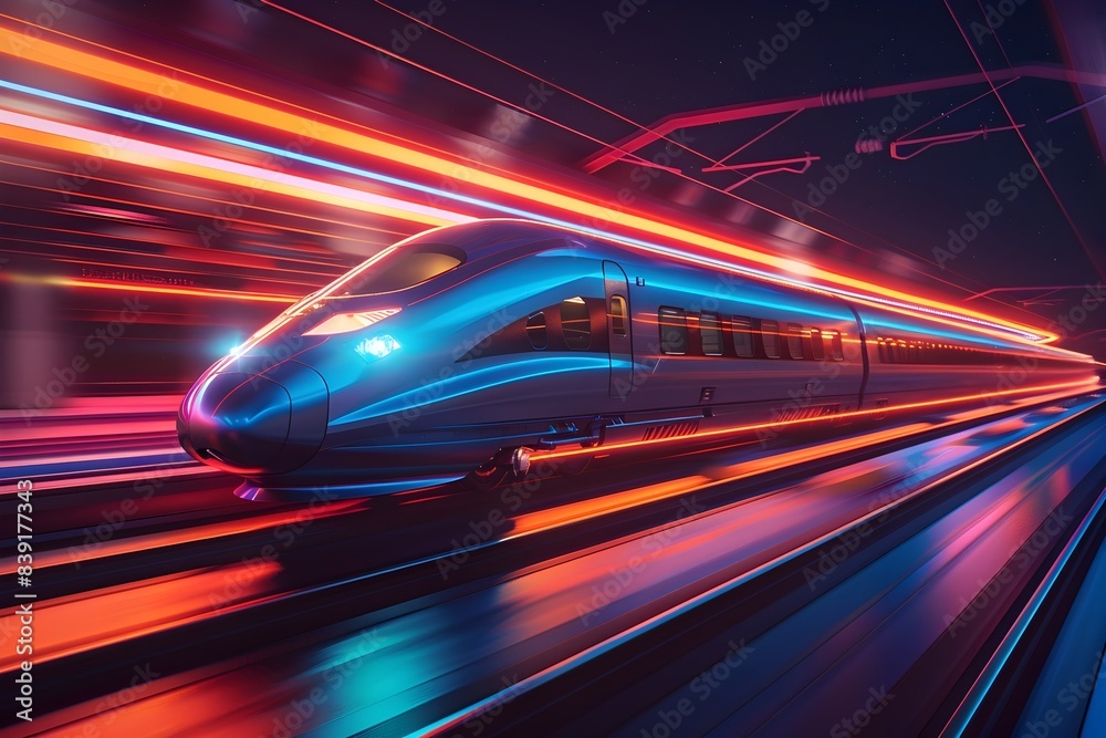 High-Speed Bullet Train Blurring Through the Night with Dazzling Lights and Aerodynamic Silhouette High-Speed Bullet Train Blurring Through the Night with Dazzling Lights and Aerodynamic Silhouette