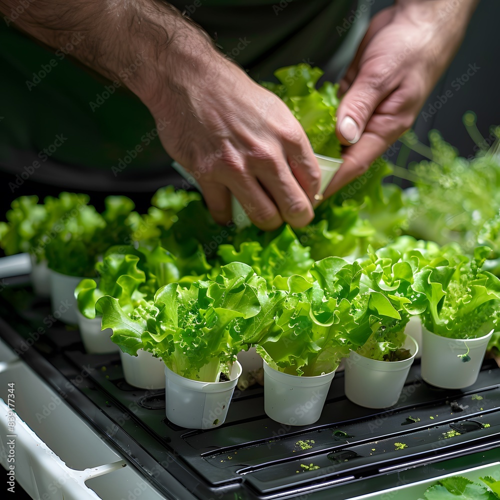 Close up of man's hands picking small plants from plastic pots Close up of man's hands picking small plants from plastic pots