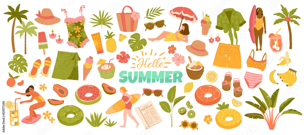Set of tropical summer beach woman vector illustrations, essentials, swim suits, outfit, summer drinks, fruits, palm trees and ice creams Set of tropical summer beach woman vector illustrations, essentials, swim suits, outfit, summer drinks, fruits, palm trees and ice creams