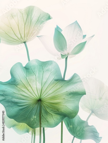 A delicate lotus leaf  with light green andturquoise gradient colors  semi-transparenttexture style  flat illustrations  white backgroundminimalist composition  and high definition resolution