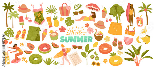 Set of tropical summer beach woman vector illustrations, essentials, swim suits, outfit, summer drinks, fruits, palm trees and ice creams 