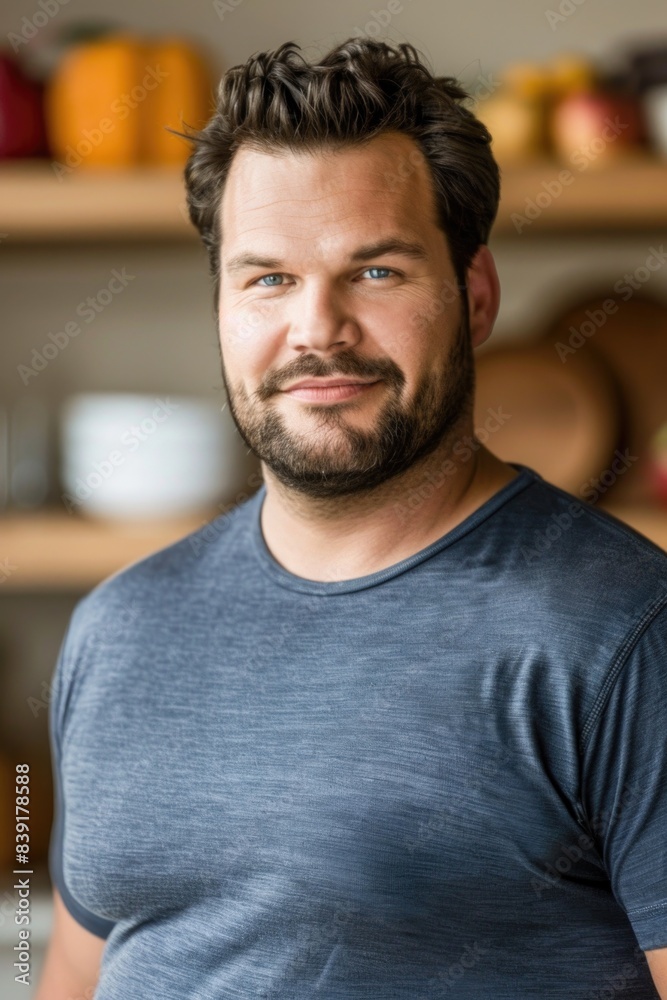 Obraz premium A plus-size man with blue eyes and a beard smiles at the camera in a kitchen