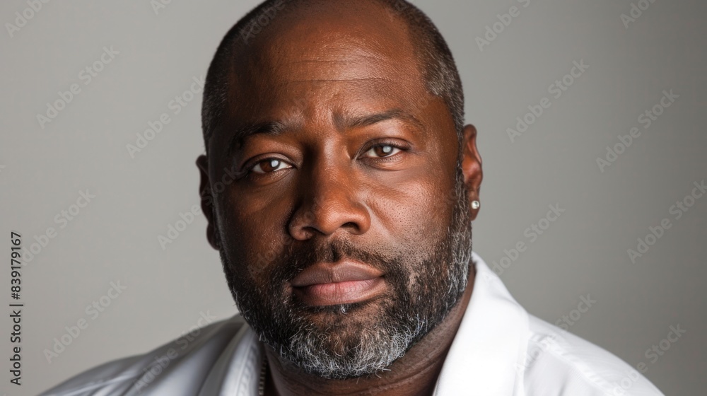 A portrait of a plus size African American man with a grey beard, looking directly at the camera A portrait of a plus size African American man with a grey beard, looking directly at the camera