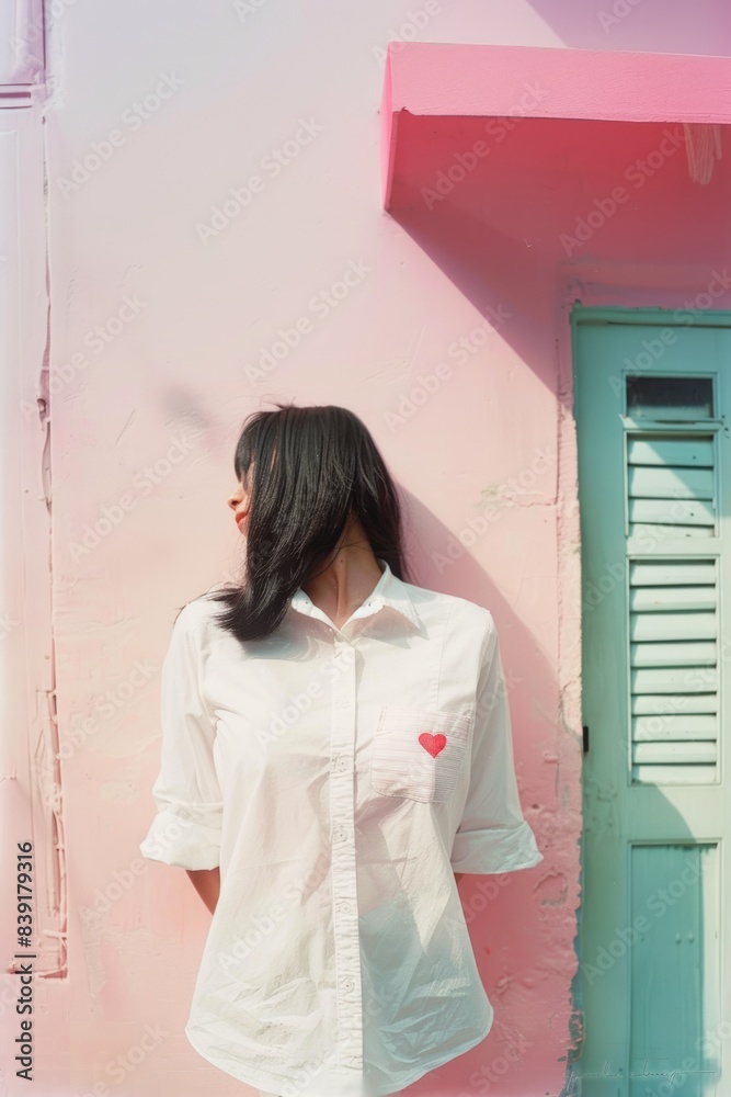 profile of a girl in a white shirt with a red heart profile of a girl in a white shirt with a red heart