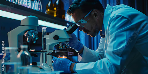 Scientist Examines Microscopic World Amid Lab Equipment A scientist using microscope during experiment in laboratory Science and technology healthcare concept.