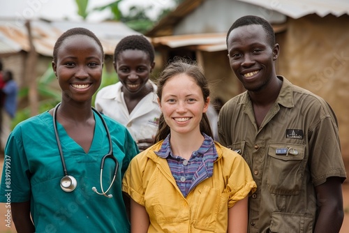 A multicultural team of missionaries from Europe, America, Africa, and Asia working together to construct a community center in a developing country, showcasing unity and cooperation