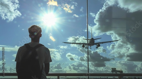 Man Observing Airplane Taking Off from Airport Runway on a Clear Day photo