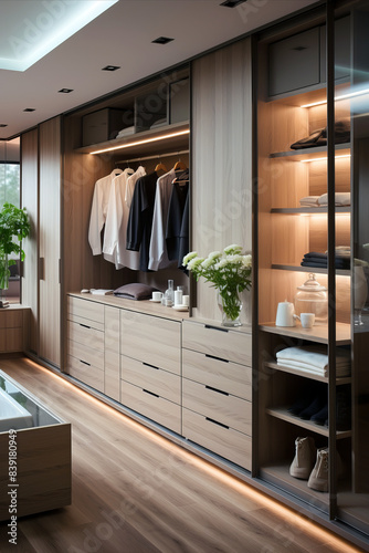 Wardrobe with wooden furniture in modern house.