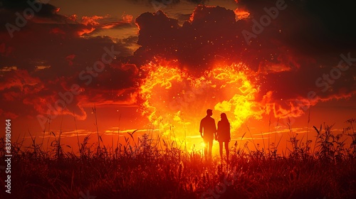 A couple's silhouette against a heart-shaped sunset