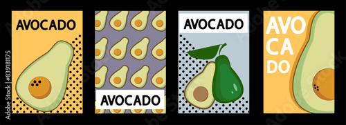 Set of labels, posters and price tags with avocado fruits and in a bright minimalistic style.