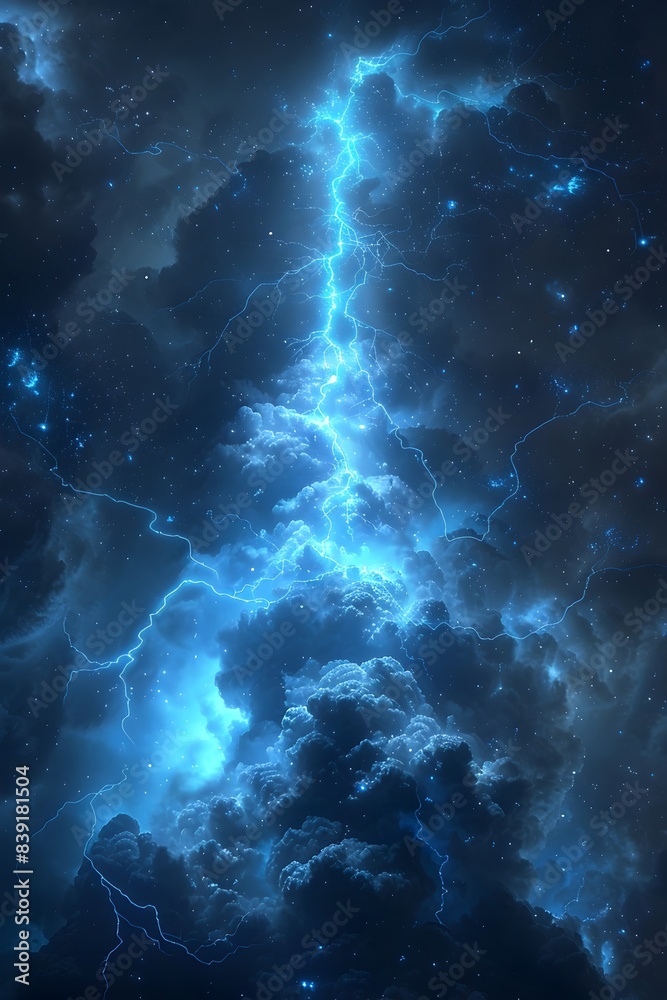 Powerful Blue Jet Lightning Shooting Upwards from Thunderhead Cloud Against Starry Night Sky