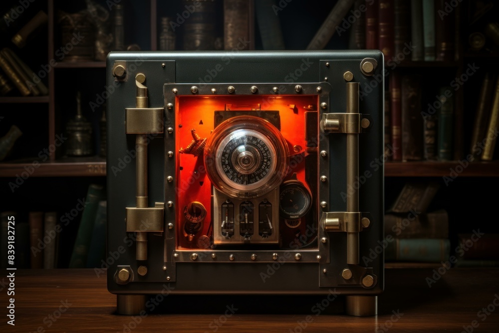 Antique-style safe glows mysteriously against a backdrop of classic books