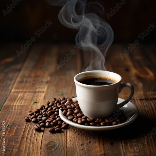 hot cup of coffee with beans. lifestyle copy space wooden background