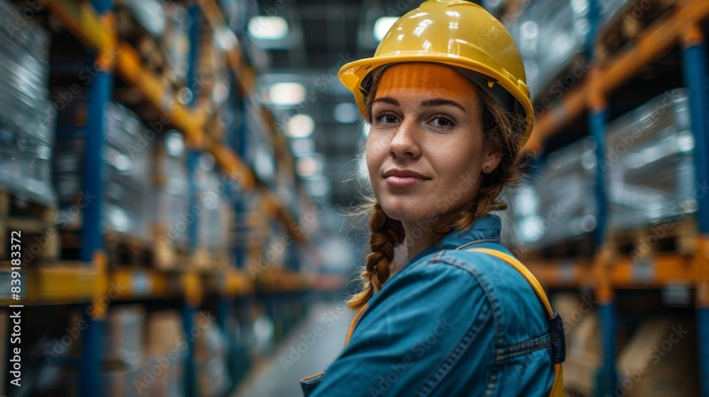 A female worker stands in a workshop against an industrial background. A female worker stands in a workshop against an industrial background.