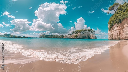 Serene Summer Scene: Panoramic View of Cathedral Cove Beach in Daylight photo