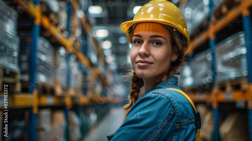 A female worker stands in a workshop against an industrial background. photo