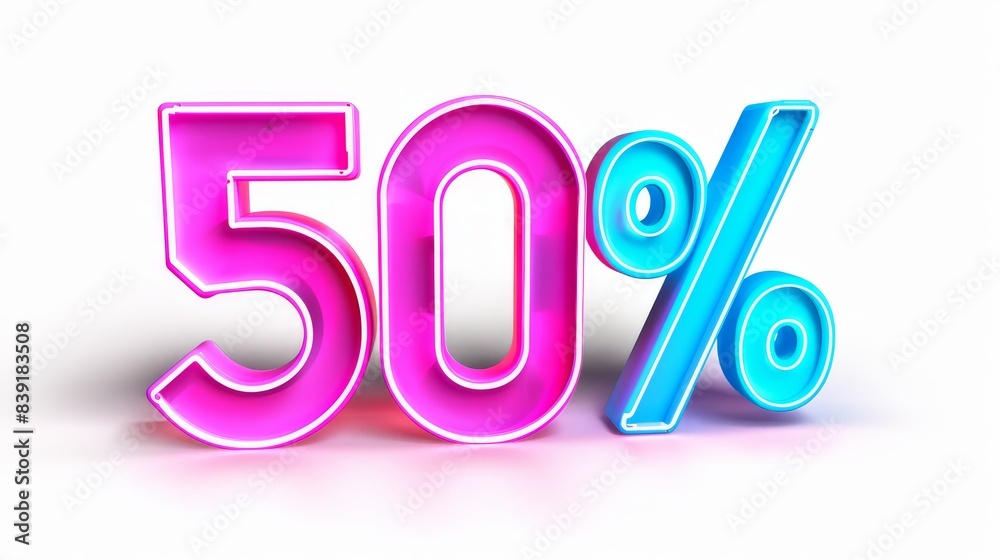 Retro neon sale banner text 50% off digital art isolated on white close up vibrant fusion modern design